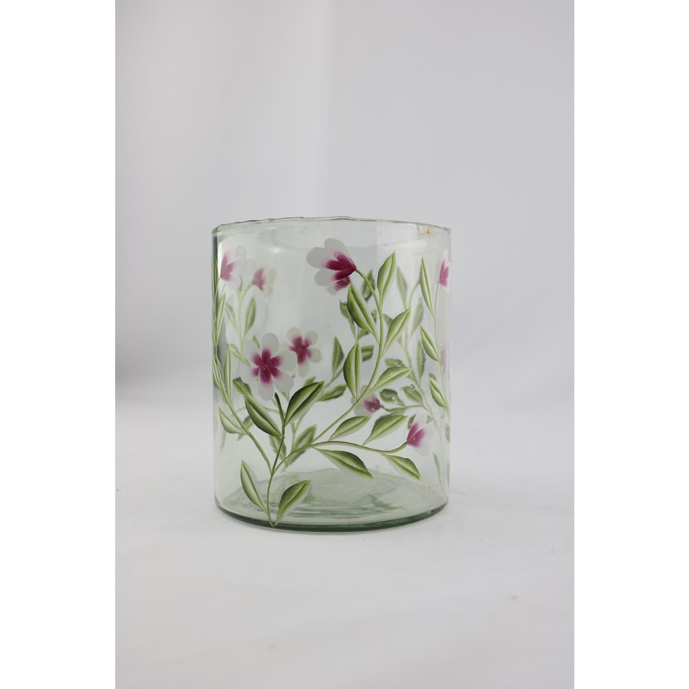 Windlicht glas met roze bloemen 13x13x15cm